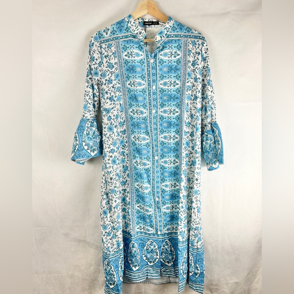 NORACORA NWT Floral Midi Shirt Dress Small Ruffle Sleeve Blue Coastal Island